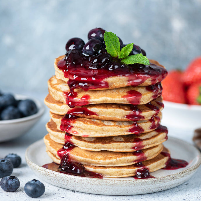 Gluten-free blueberry pancakes with lemon maple syrup